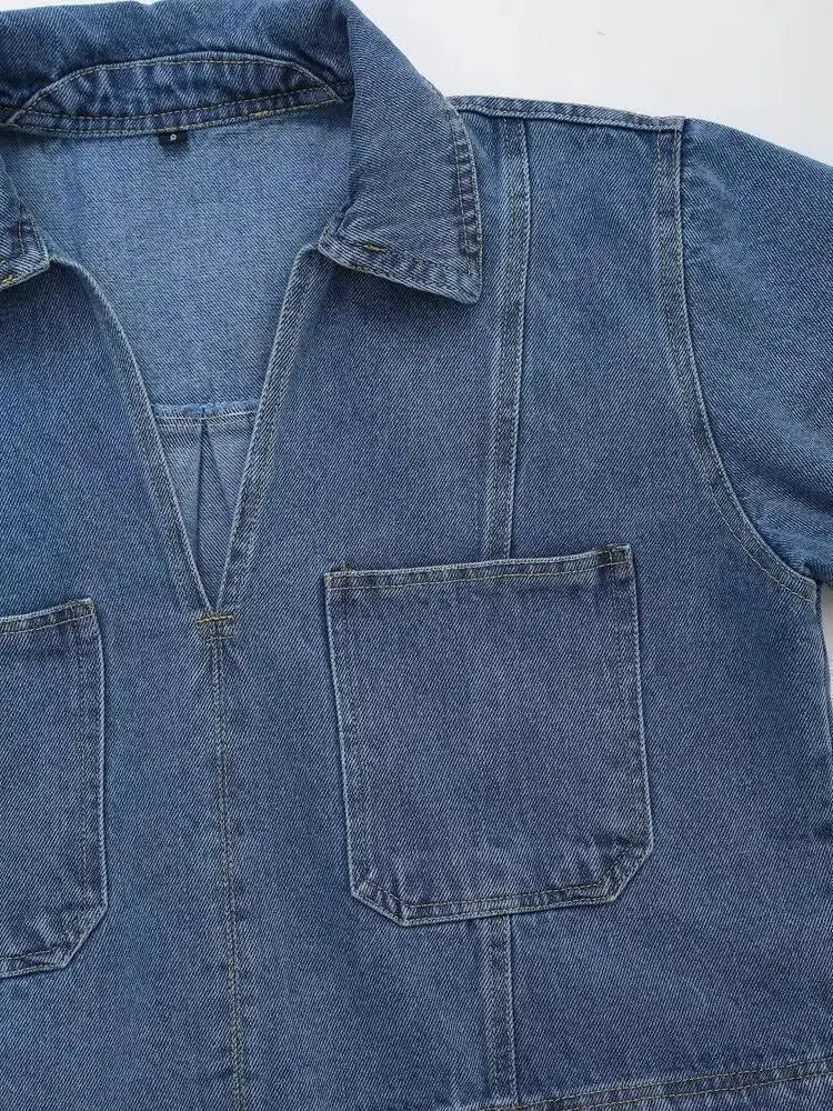 Women Blue Denim Shirts Short Sleeve V-neck Crop Blouses Elegant Tops