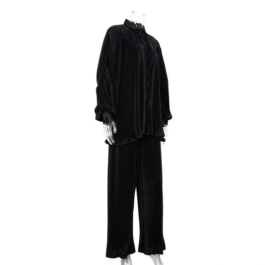Green Pants Set Women Autumn Long Sleeve Blouses Matching Wide Trousers Suit Loose Shirts Two Piece Pant Set