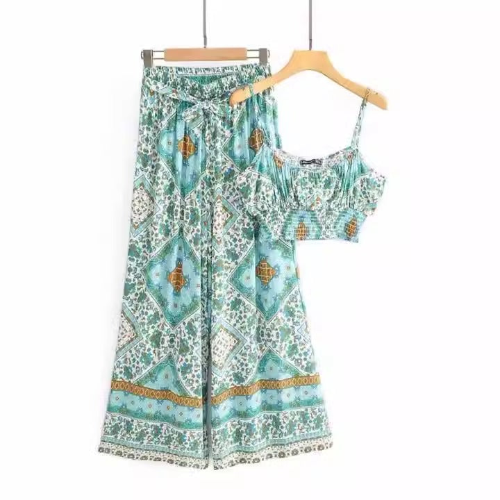 Vintage Pattern Print Women 2 Piece Set Spring Midriff Baring Wide Leg Pant Retro Chic Beach Vacation Women Set