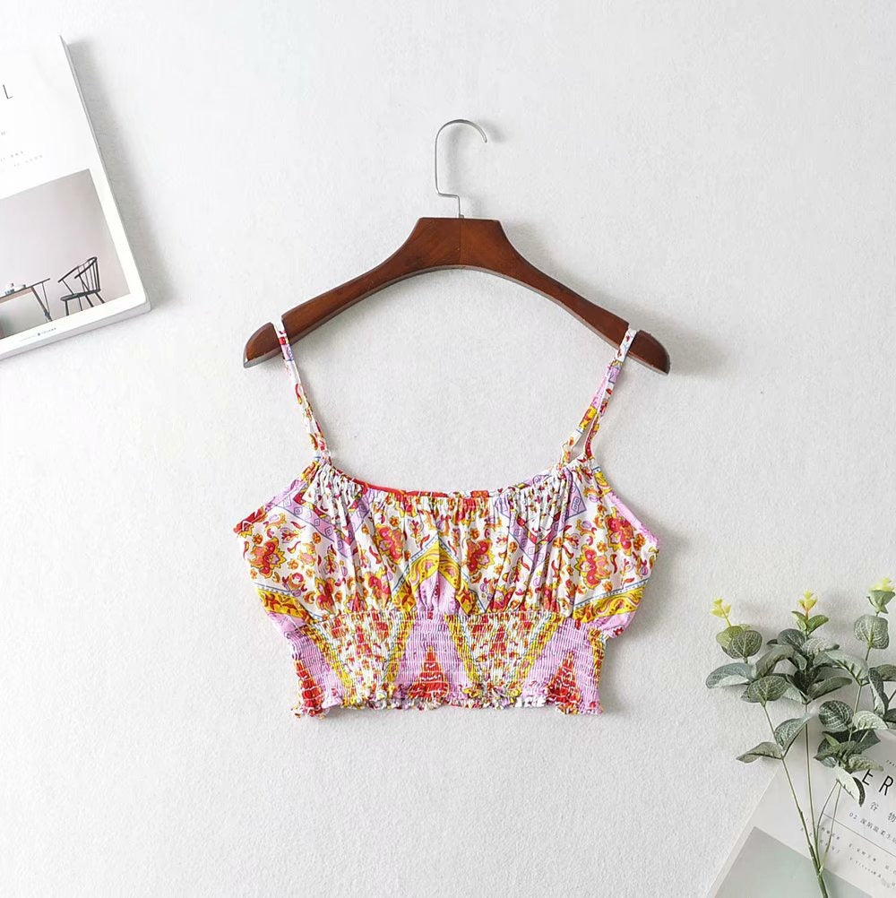 Vintage Pattern Print Women 2 Piece Set Spring  Midriff Baring Wide Leg Pant Retro Chic Beach Vacation Women Set