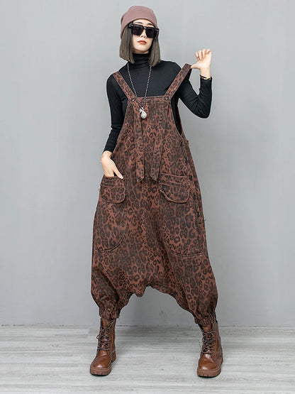 Leopard Denim Pant Sets Fashion Loose Sleeveless Women Personality Top Coat Jumpsuit Two Pieces Sets Spring New