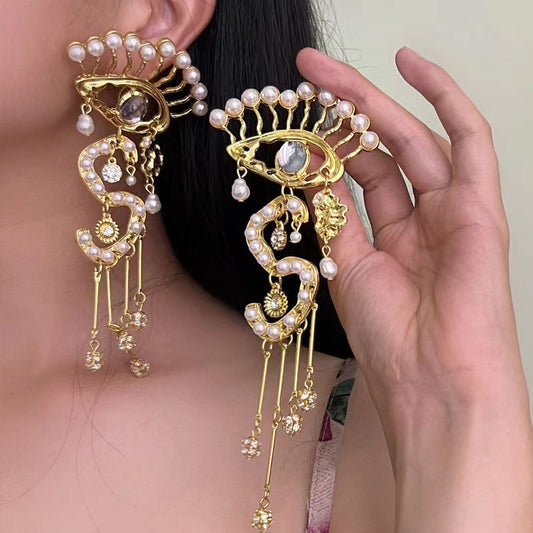 European and American Heavy Industries Exaggerated Personality Devil's Eye Pearl S Letter Tassel Large Earrings Light Luxury High End Earrings