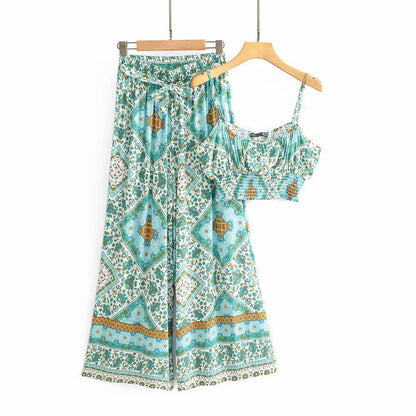 Vintage Pattern Print Women 2 Piece Set Spring  Midriff Baring Wide Leg Pant Retro Chic Beach Vacation Women Set