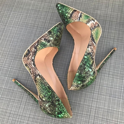 Green Snake Pattern Woman Shoes Girls Sexy High Heels Printed Multi Colors Stilettos 12cm Wedding Shoes YG032 ROVICIYA