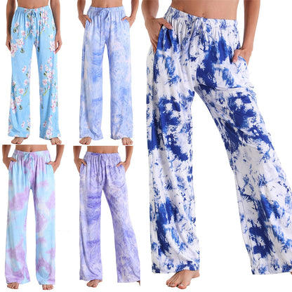 Women Summer Print Loose Casual Wide Pants  Lace Up Ties Camouflage Beach Long Pants Femal Trousers Streetwear S-3XL