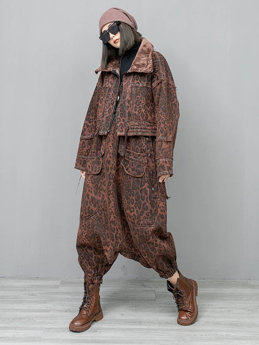 Leopard Denim Pant Sets Fashion Loose Sleeveless Women Personality Top Coat Jumpsuit Two Pieces Sets Spring New
