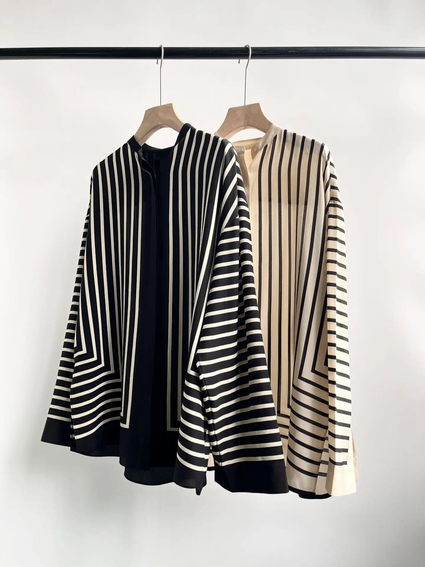 Spring Women Silk Blouses Stripes Long Sleeve Loose Covered Buttons