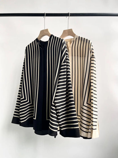 Spring Women Silk Blouses Stripes Long Sleeve Loose Covered Buttons