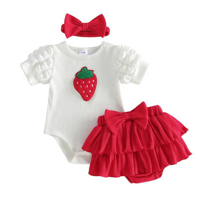 New Baby Infant Romper Set Strawberry Print Short Sleeve Top with Bow Diaper Pant and Headband