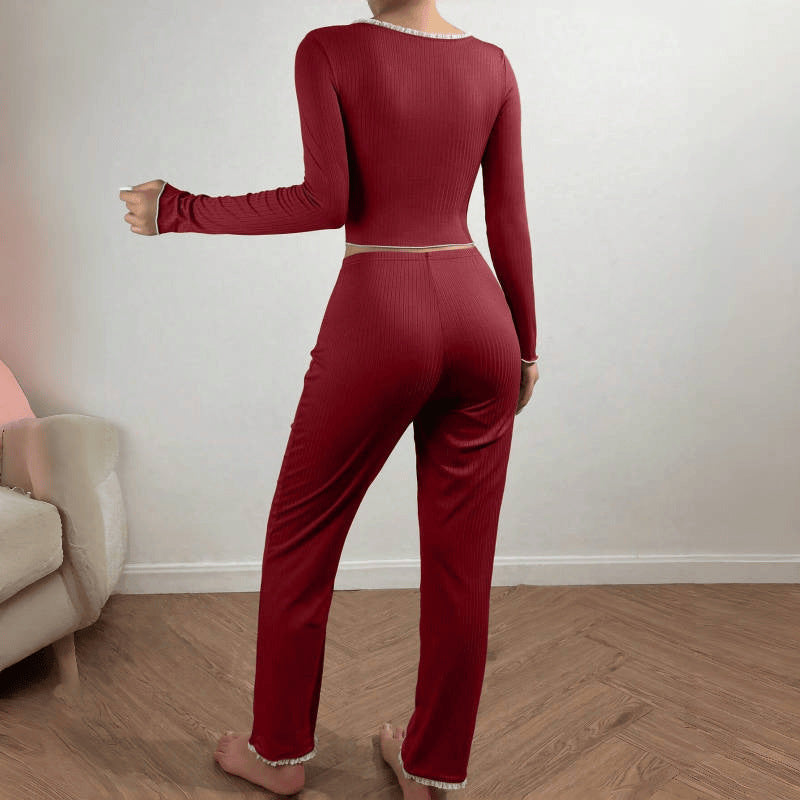 Sexy Lace Trimmed Long Sleeve Long Pant Sleepwear Set