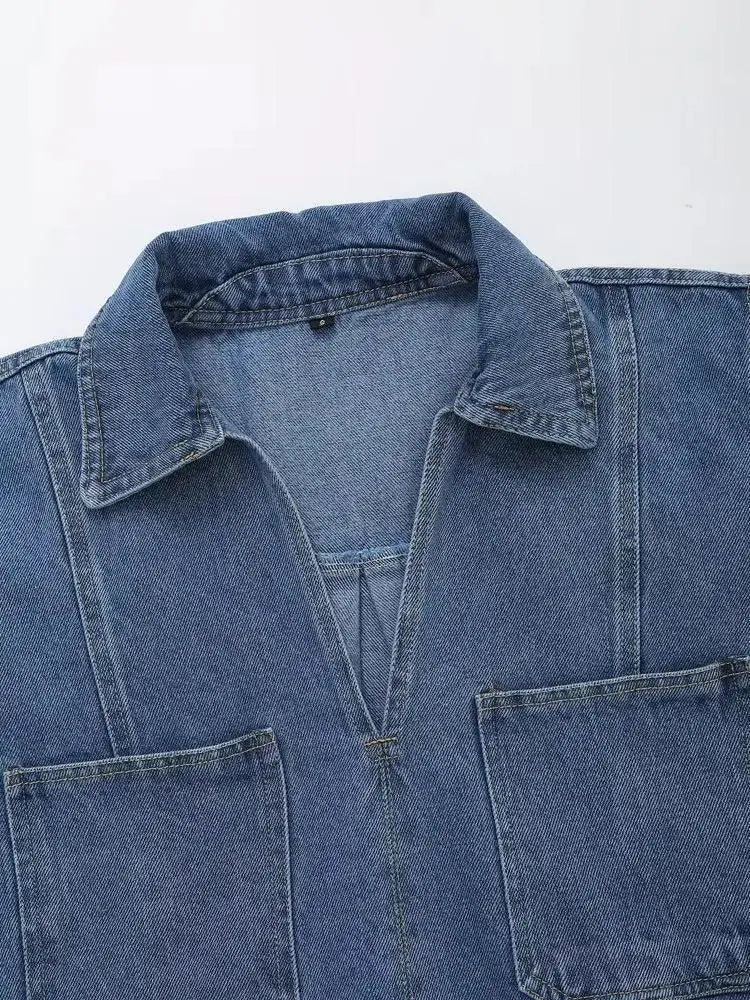 Women Blue Denim Shirts Short Sleeve V-neck Crop Blouses Elegant Tops