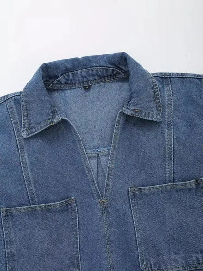 Women Blue Denim Shirts Short Sleeve V-neck Crop Blouses Elegant Tops