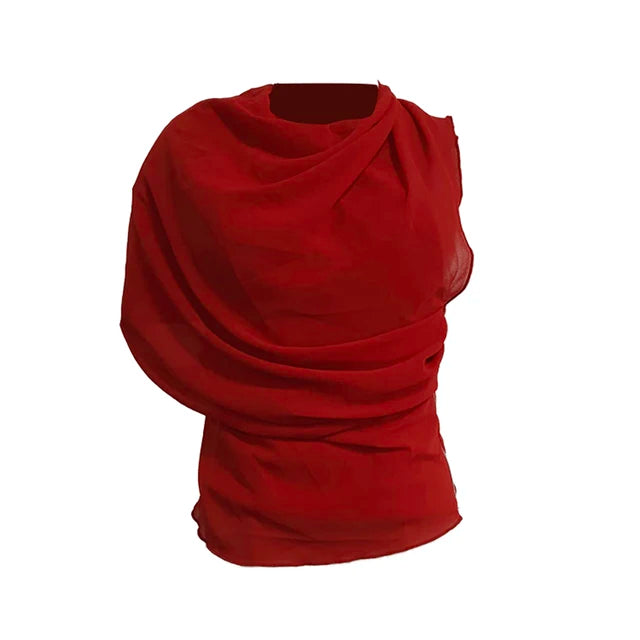 VGH Solid Sexy Asymmetrical Mesh Blouses For Women Turtleneck Sleeveless Backless Minimalist Slimming Blouse Female Fashion New