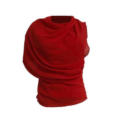 VGH Solid Sexy Asymmetrical Mesh Blouses For Women Turtleneck Sleeveless Backless Minimalist Slimming Blouse Female Fashion New