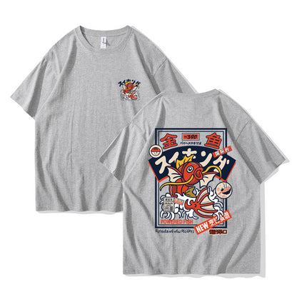 Red Koi Print Short Sleeved Harajuku Hip-hop Setwear Shirt S