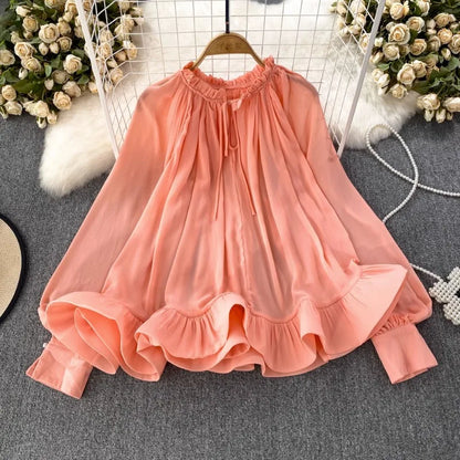 Spring Autumn O-neck Ruffles Blouses Korean Sweet Chiffon Shirts Women Sleeve Loose