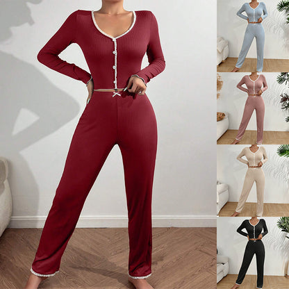 Sexy Lace Trimmed Long Sleeve Long Pant Sleepwear Set