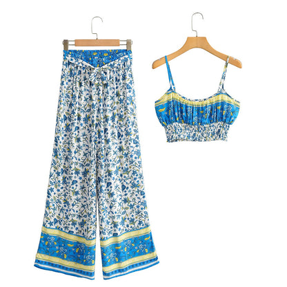 Vintage Pattern Print Women 2 Piece Set Spring  Midriff Baring Wide Leg Pant Retro Chic Beach Vacation Women Set