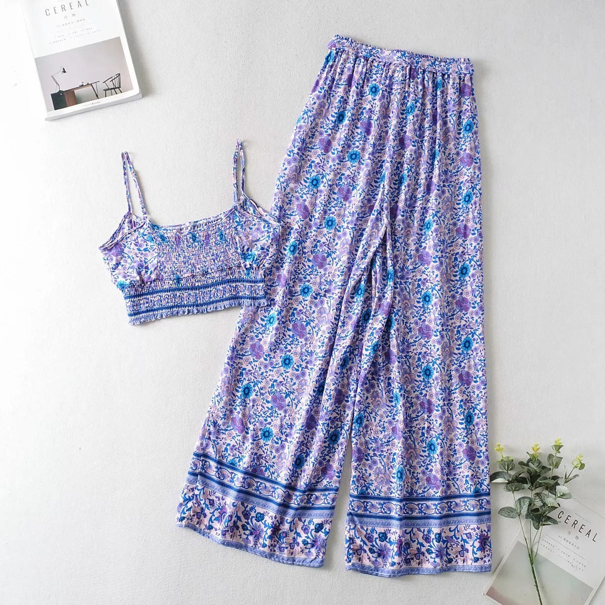Vintage Pattern Print Women 2 Piece Set Spring  Midriff Baring Wide Leg Pant Retro Chic Beach Vacation Women Set