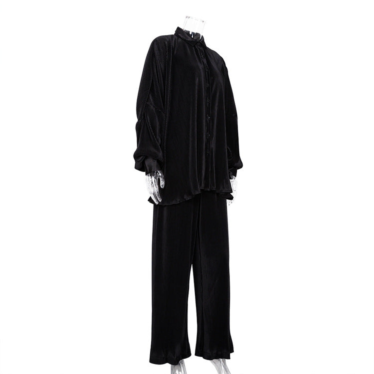 Green Pants Set Women Autumn Long Sleeve Blouses Matching Wide Trousers Suit Loose Shirts Two Piece Pant Set