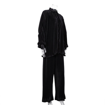 Green Pants Set Women Autumn Long Sleeve Blouses Matching Wide Trousers Suit Loose Shirts Two Piece Pant Set