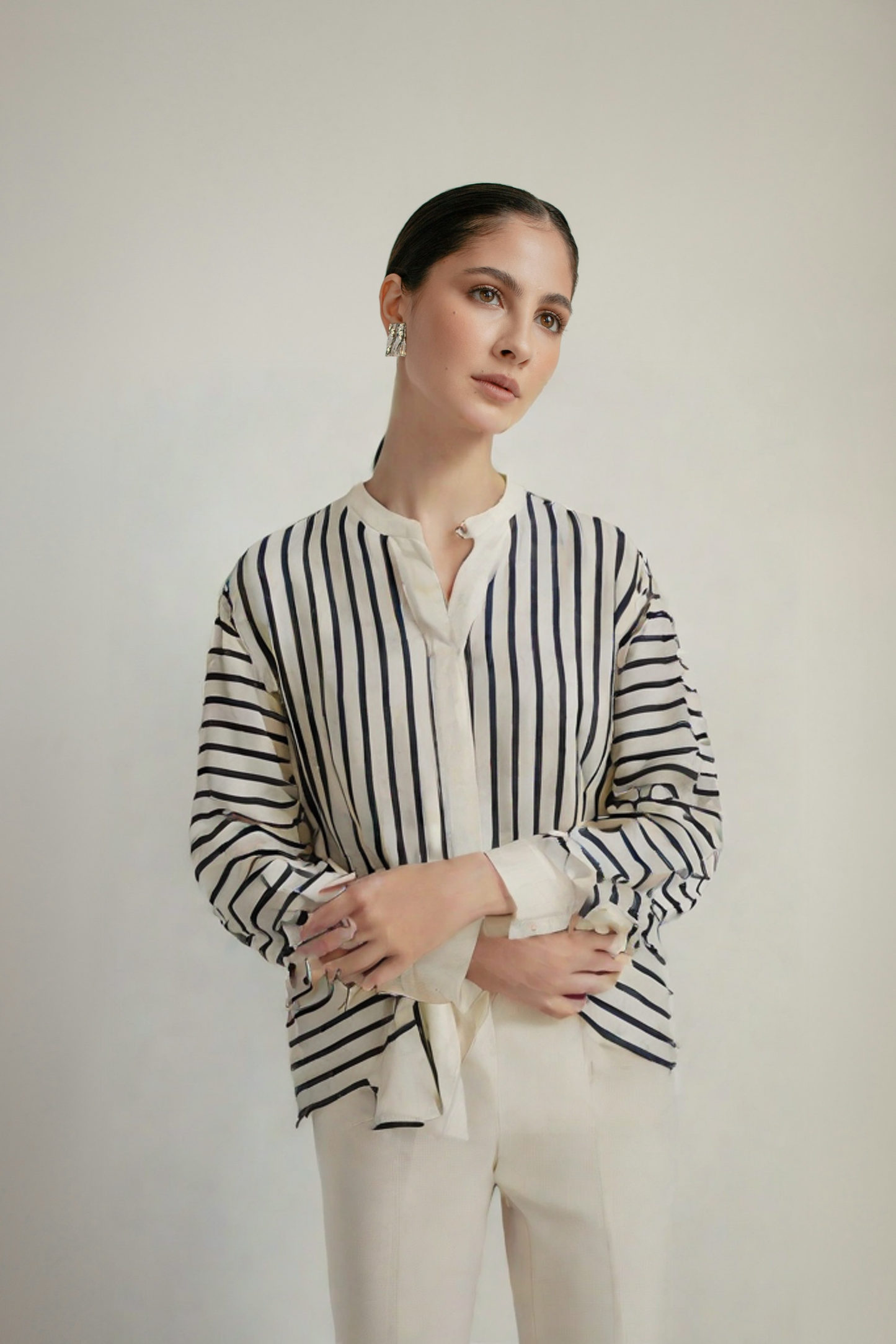 Spring Women Silk Blouses Stripes Long Sleeve Loose Covered Buttons