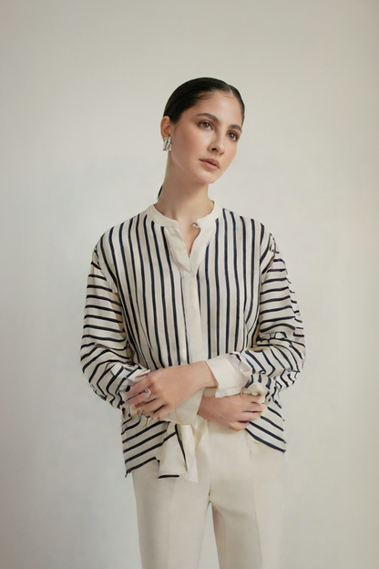 Spring Women Silk Blouses Stripes Long Sleeve Loose Covered Buttons