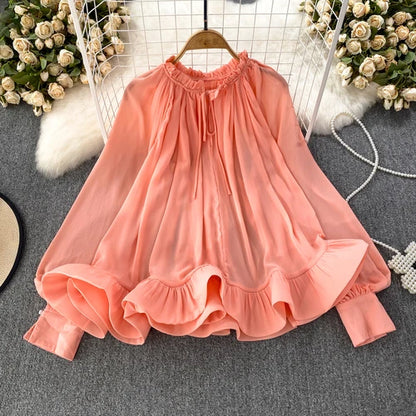 Spring Autumn O-neck Ruffles Blouses Korean Sweet Chiffon Shirts Women Sleeve Loose