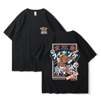 Red Koi Print Short Sleeved Harajuku Hip-hop Setwear Shirt S