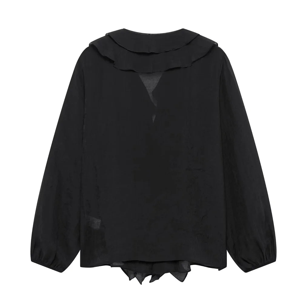 Women's Blouses in Black and Cream Colors V Neck with Ruffled Details Long Puff Sleeves Elegant and Feminine