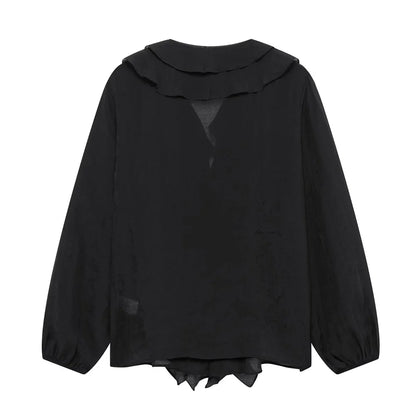 Women's Blouses in Black and Cream Colors V Neck with Ruffled Details Long Puff Sleeves Elegant and Feminine