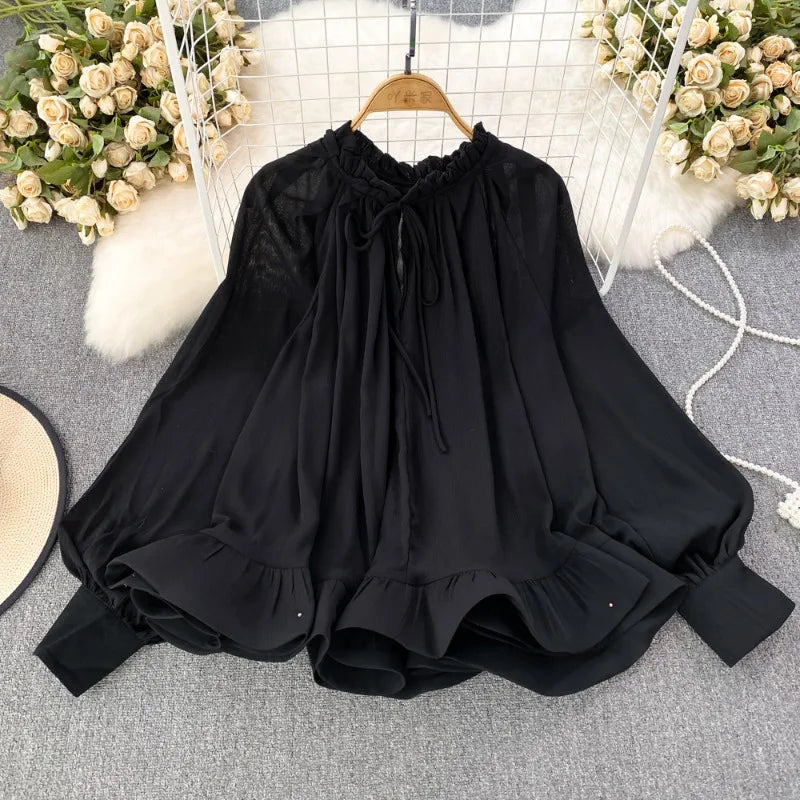 Spring Autumn O-neck Ruffles Blouses Korean Sweet Chiffon Shirts Women Sleeve Loose