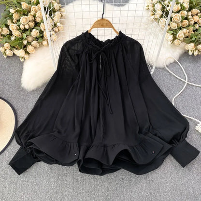 Spring Autumn O-neck Ruffles Blouses Korean Sweet Chiffon Shirts Women Sleeve Loose