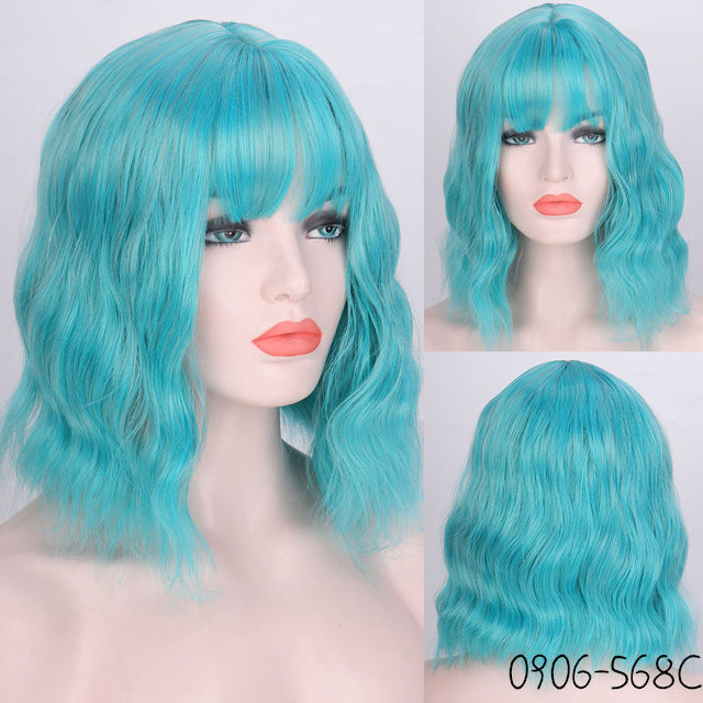 Fashion chemical fiber wig pink short curly corn perm bob hair set European and American short hair wig ladies headgear