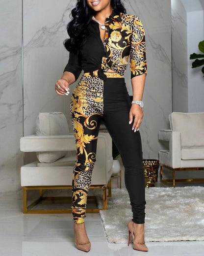 Women Fashion Scarf Chain Print Two Piece Set Autumn Long Sleeve Button Patchwork Shirt And Long Skinny Trousers S-XL