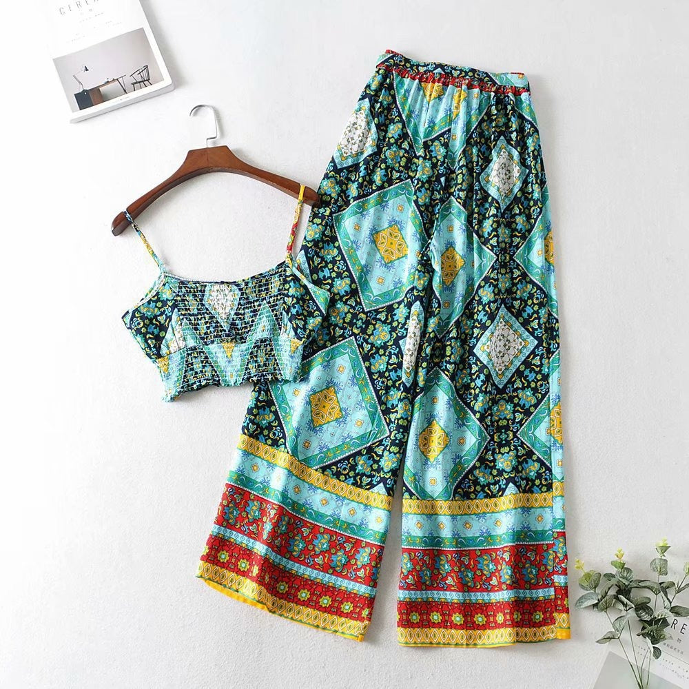 Vintage Pattern Print Women 2 Piece Set Spring  Midriff Baring Wide Leg Pant Retro Chic Beach Vacation Women Set
