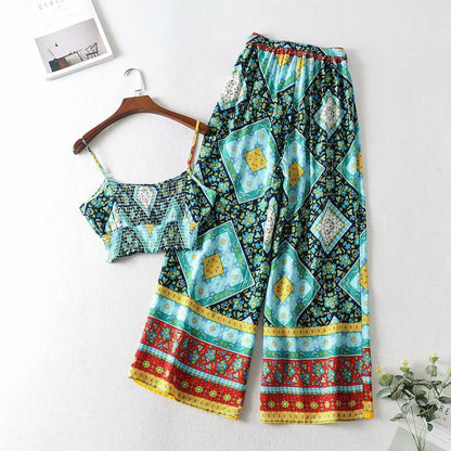 Vintage Pattern Print Women 2 Piece Set Spring  Midriff Baring Wide Leg Pant Retro Chic Beach Vacation Women Set