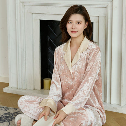 Women's Long Sleeve Long Pant Pink Gold Leaf Butterfly Velvet Elegant Home Wear Two-Piece Set