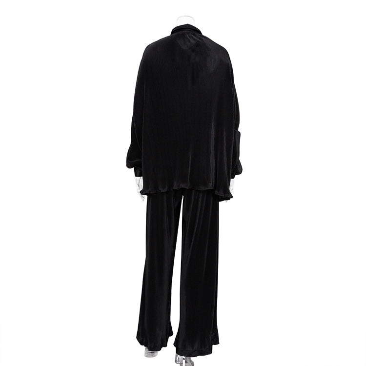 Green Pants Set Women Autumn Long Sleeve Blouses Matching Wide Trousers Suit Loose Shirts Two Piece Pant Set