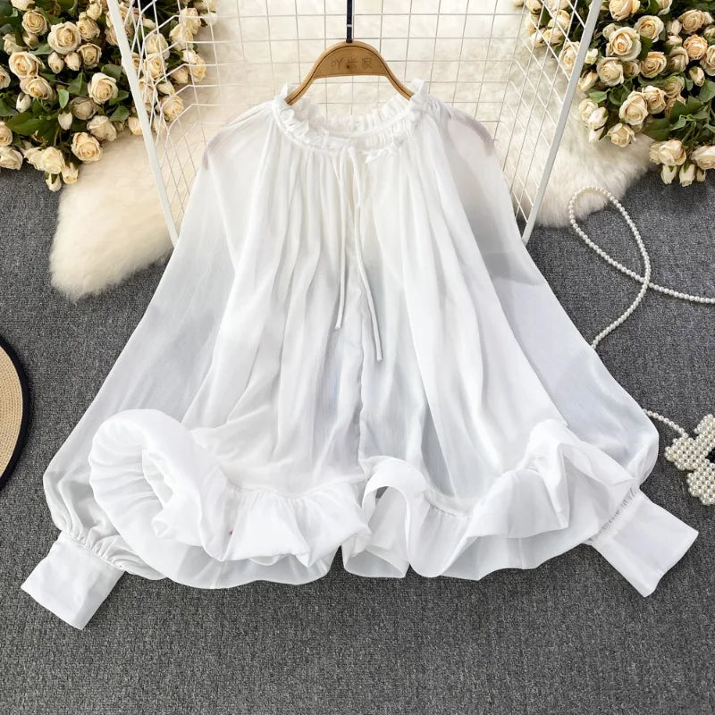 Spring Autumn O-neck Ruffles Blouses Korean Sweet Chiffon Shirts Women Sleeve Loose
