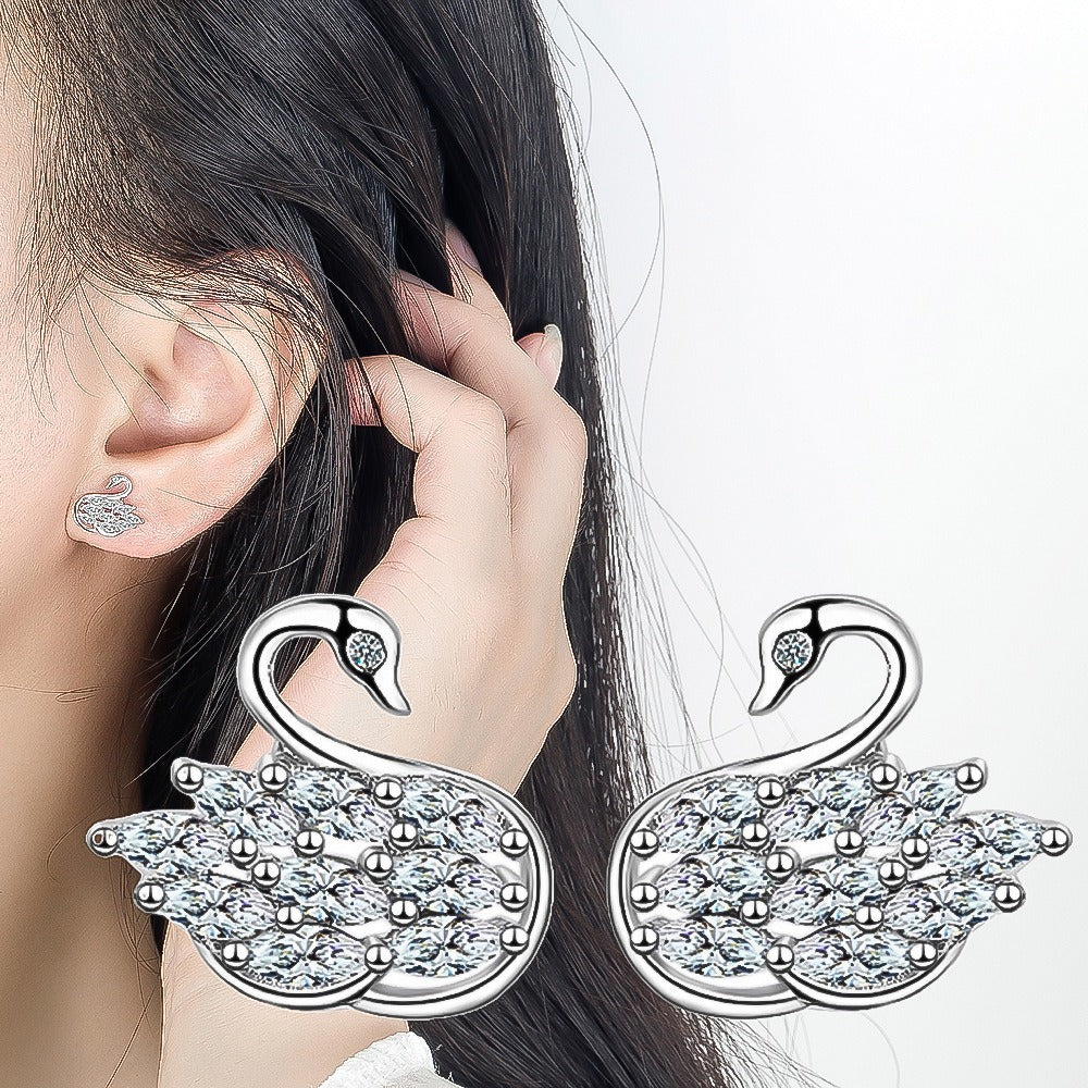 New sterling silver swan ears small and exquisite micro-paved zircon nails fashionable and versatile earrings for girls