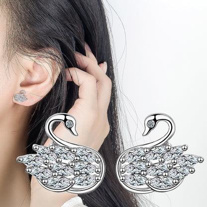 New sterling silver swan ears small and exquisite micro-paved zircon nails fashionable and versatile earrings for girls