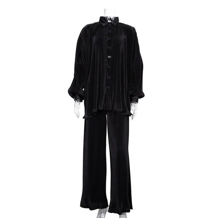 Green Pants Set Women Autumn Long Sleeve Blouses Matching Wide Trousers Suit Loose Shirts Two Piece Pant Set