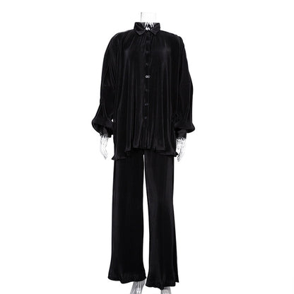 Green Pants Set Women Autumn Long Sleeve Blouses Matching Wide Trousers Suit Loose Shirts Two Piece Pant Set