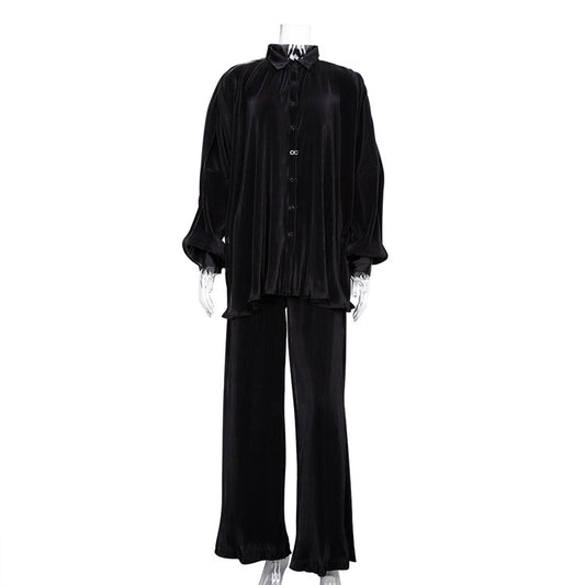Green Pants Set Women Autumn Long Sleeve Blouses Matching Wide Trousers Suit Loose Shirts Two Piece Pant Set