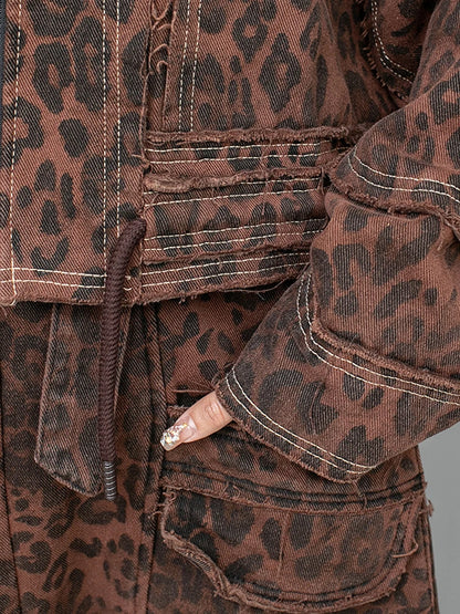 Leopard Denim Pant Sets Fashion Loose Sleeveless Women Personality Top Coat Jumpsuit Two Pieces Sets Spring New
