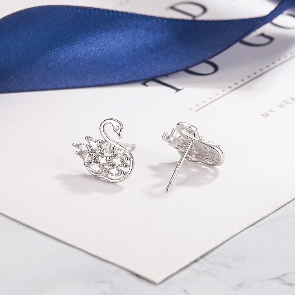New sterling silver swan ears small and exquisite micro-paved zircon nails fashionable and versatile earrings for girls