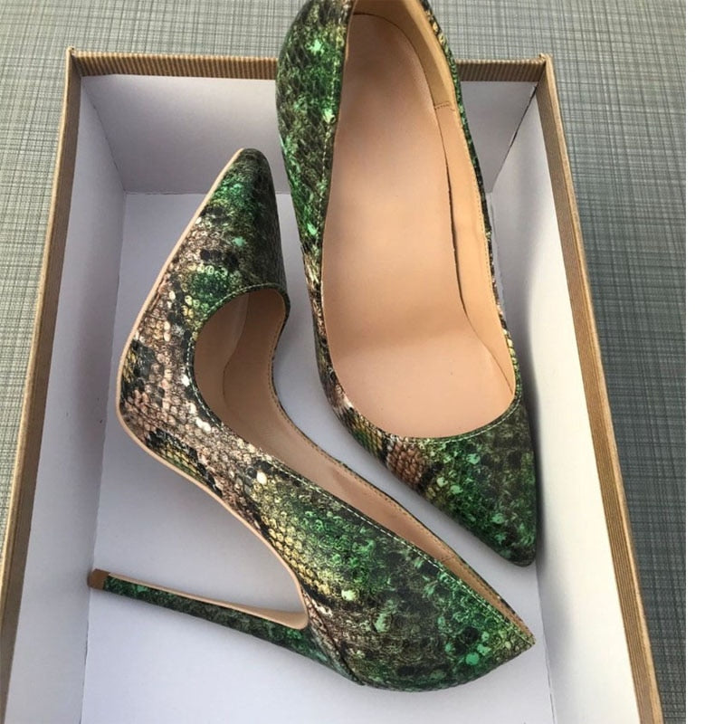 Green Snake Pattern Woman Shoes Girls Sexy High Heels Printed Multi Colors Stilettos 12cm Wedding Shoes YG032 ROVICIYA
