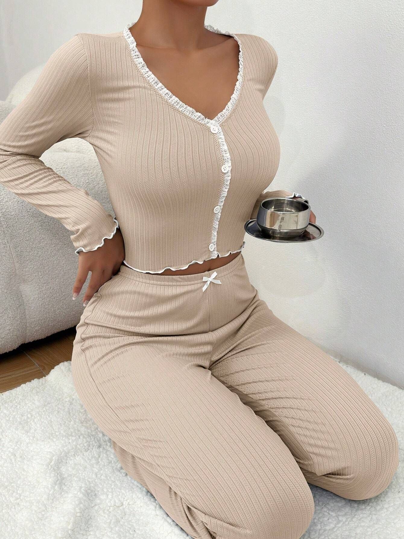 Sexy Lace Trimmed Long Sleeve Long Pant Sleepwear Set