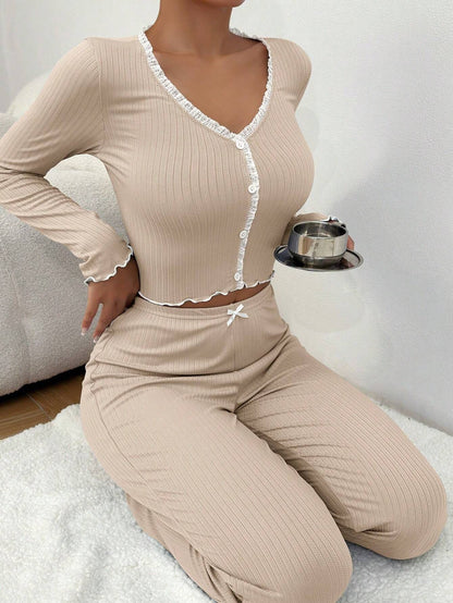 Sexy Lace Trimmed Long Sleeve Long Pant Sleepwear Set